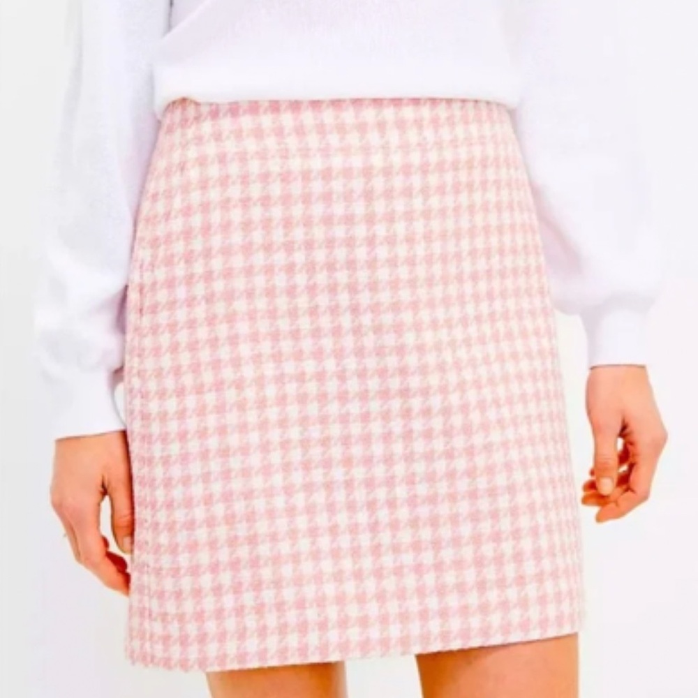 LOFT Petite Pink and White Houndstooth A-Line Skirt